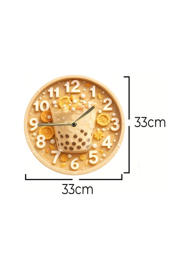 Zamanın Tadı Bubble Tea Temalı Sessiz Yuvarlak Ahşap Duvar Saati, Kuvars Coffe Desen 2d Sdw2014 Renkli