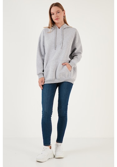 Lela Regular Fit Pamuklu Kapüşonlu Yaka Şardonlu Kışlık Bayan Sweat 5863854 Gri Melanj