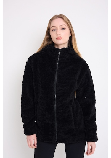 Kadın Siyah Peluş Rüzgar Geçirmez Welsoft Çift Cepli Kapüşonlu Kışlık Mont Siyah