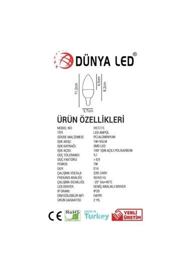 7w E14 Led Ampul 3000k Sarı Işık 4 Adet Paket