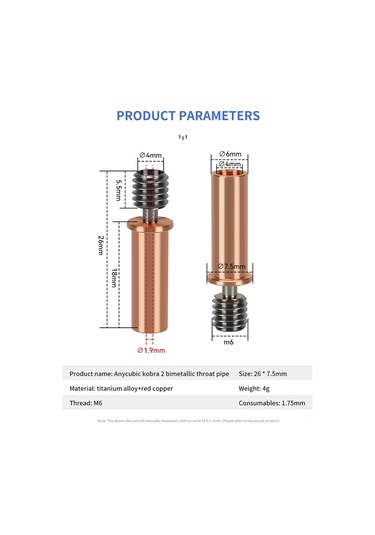 Jeemson Anycubic Kobra2 Serisi İçin Titanyum+bakır İki Metal Isı Yalıtımlı Gırtlağı, 450-500 C Dayanıklı, 2 Adet, M6 Dişli, 1.75mm Sarf Malzemesi Uyumlu