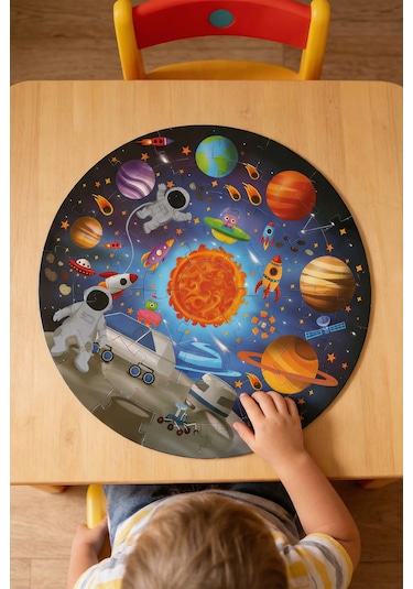 Mert Bebek Uzay Temalı 49 Parça Yuvarlak Çocuk Puzzle 3+ Yaş Eğitici Büyük Boy Puzzle 48 Cm Astronot