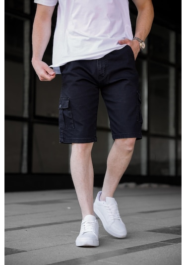Siyah Renk Kargo Cepli Gabardin Erkek Şort-1800 Siyah