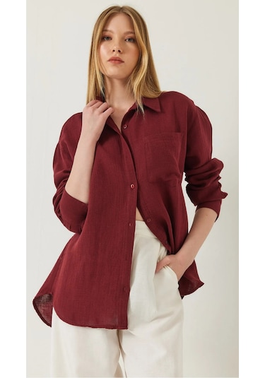 Kadın Oversize Basic Cepli Müslin Gömlek Bordo