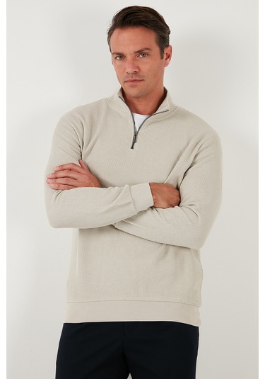 Buratti Pamuklu Regular Fit Yarım Fermuarlı Dik Yaka Erkek Sweat 5905716 Taş