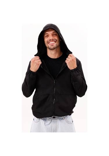 Erkek Kapüşonlu Su Ve Rüzgar Geçirmez Astarlı Oversize Yağmurluk Siyah