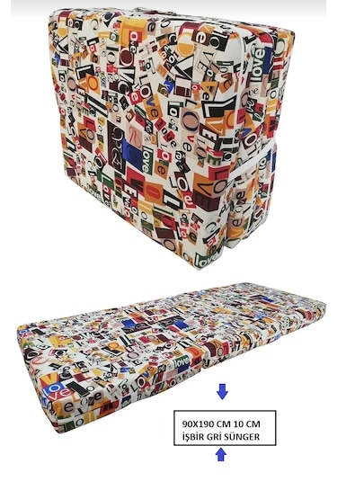 Katlanır Yer Yatağı Tek Kişilik Sünger Minder Yatak 90x190x 10 Cm Gri Kalın Sünger Love Desen Karışık Renk