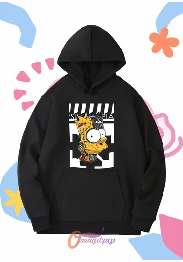 Çocuk Unisex Simpson Baskılı Oversize Kapüşönlü Sweatshirt SiYAH