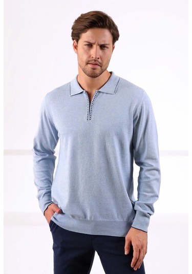 Ferraro Cristello Polo Yaka Fermuarlı Erkek Pamuk Kazak Açık Mavi