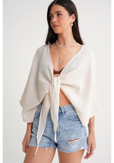 4723 Kadın Önü Bağlamalı Bolero Bluz Naturel Naturel