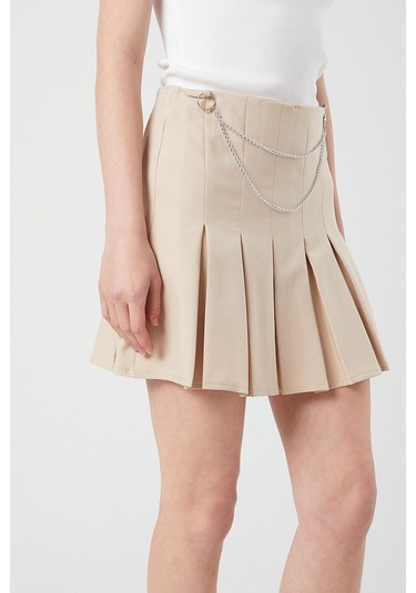 4155 Kadın Zincir Detay Pileli Mini Etek Bej Bej