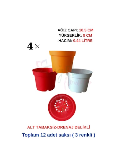 12 Adet 3 Renkli Plastik Saksı (10.5 CM.LİK) Alt Tabaksız