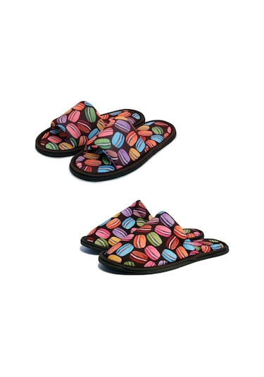 Unisex Kahverengi Macaron Desenli Yumuşak Tabanlı Ev Terlik Kahverengi