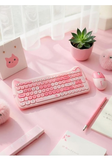 NDNeed ND-CAT100DUAL Sevimli Kedi Kablosuz Q Klavye Mouse Set