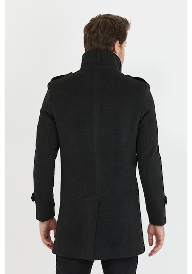 Erkek Antrasit Dar Kesim Dik Yaka Uzun Kaşe Kaban-Antrasit