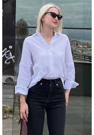 Madmext Beyaz Muslin Kumaş Basic Kadın Gömlek Mg1660-beyaz Beyaz