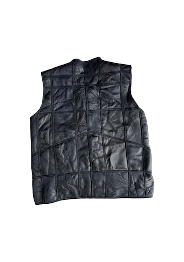 Patchwork Içi Kürk-Dışı Süet Hakiki Deri Biye Siyah-Beyaz Yelek