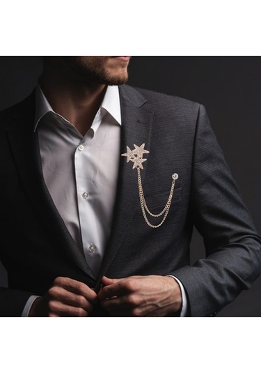 Homyl Parlak Taklidi Beş Köşeli Yıldız Broş Pin Rozeti Şık Erkek Altın