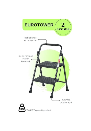 Eurotower 2 Basamak Özel Tasarım Geniş Basamaklı Siyah Merdiven 3+1
