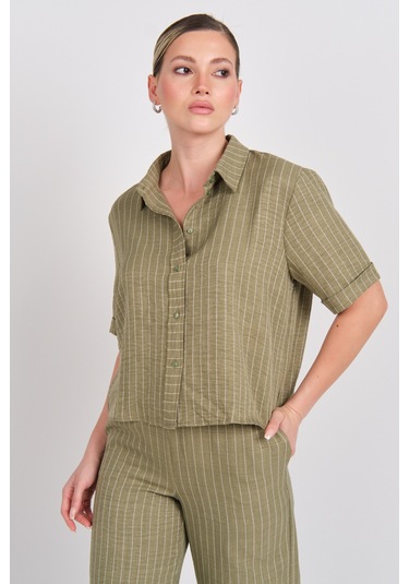 Jdy Kadın Jdypower Çizgili Kısa Kollu Gömlek 15347235 Haki Haki