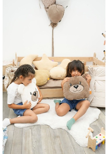 Mordesign Peluş Ayı Yastık, Sevimli Ayı Nakışlı Kırlent, Peluş Ayı Oyuncak, Bebek Yastık, Morbear Serisi Kahverengi