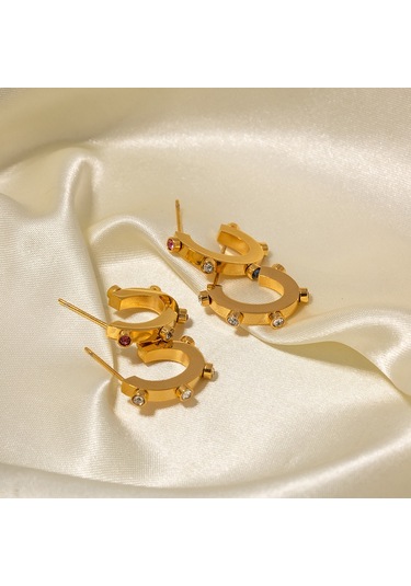 Ins İnternet Ünlü Abartılı Tasarım 18k Altın Paslanmaz Çelik Renkli Elmaslarla Kakmalı C Şeklinde Küpeler Popüler Titanyum Çelik Küpeler Diğer