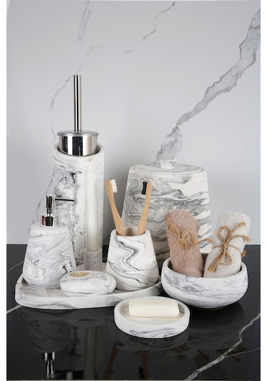 Betonmall 11 Parça Mermer Desenli Beton Banyo Seti Katı Sıvı Sabunluk Diş Fırçalık Çöp Kovası Mumluk Tepsi - Siyah Beyaz Siyah Beyaz Siyah - Beyaz