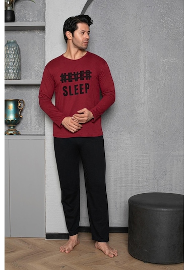 Yuvarlak Yaka %100 Pamuk Regular Kalıp Erkek Pijama Takımı 983 Bordo