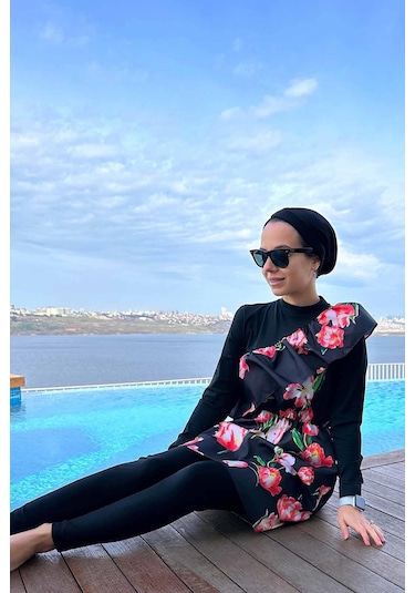 Kahijab Tulip Fırfır Detay Tesettür Mayo - Siyah - S Siyah