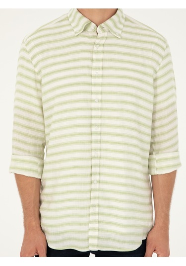 Cacharel Yeşil Keten Karışımlı Slim Fit Uzun Kollu Gömlek
