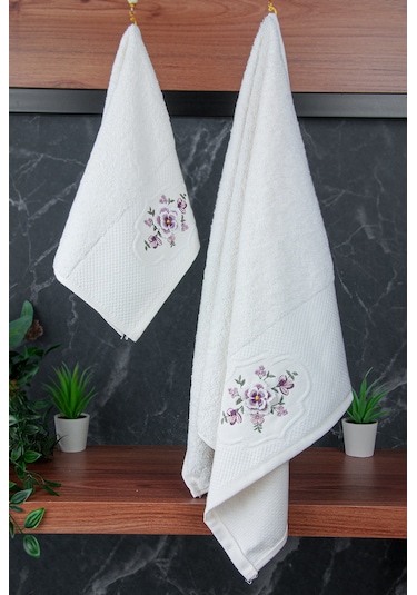 %100 Pamuklu 3d Çiçek İşlemeli 12 Li Analı Kızlı Çeyizlik Havlu Seti 50x90 Cm - 00030 Beyaz