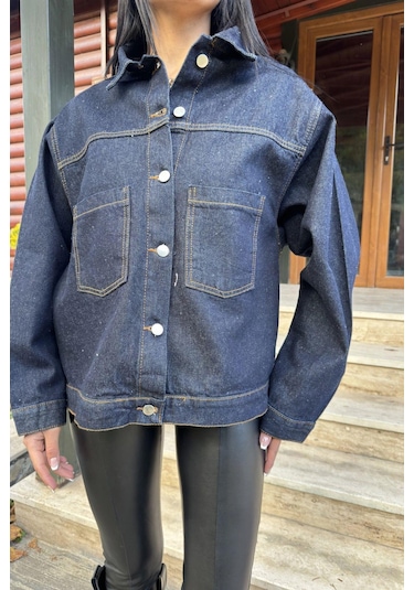 Lacivert Denim Color, Apaş Yaka, Çift Cepli, Kaliteli Jeans Kumaş, Salaş Kot Ceket Lacivert