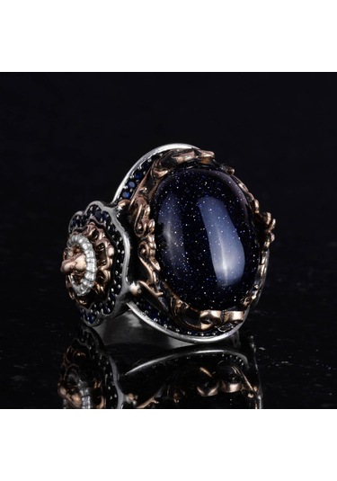 Hayvan Gümüş Yüzük, Mavi Güneş Taşı Üretilmiş Yüzük, 925 Ayar Gümüş Erkek Yüzük, Şık El Yapımı Gümüş Yüzük Gümüş