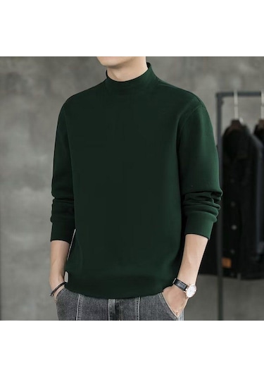 Erkek Sonbahar/kış Polar Kapşonlu Üst Yarı Yüksek Yaka Bol Uzun Kollu Tişört Sıcak Tabanlı Gömlek Erkek Yeşil