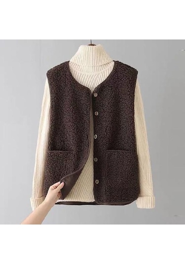 Kadın Güz Kış Yelek Ceket Düz Renk V Boyun Kolsuz Düğme Kapatma V Boyun Yumuşak Sıcak Cepler Hırka Bayan Yelek Haki