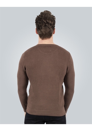 Erkek Standart Fit Normal Kesim Bisiklet Yaka Petek Desenli Kahve Triko Kazak-3440 Kahverengi