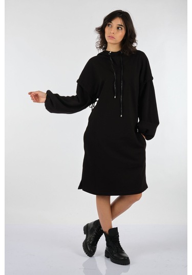 Unique Mode Oversize Kapüşonlu Balon Kol Midi Elbise - Günlük Şıklık Siyah