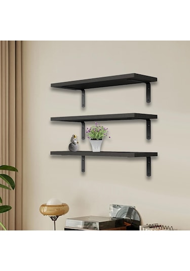 Suntek 3 Adet Duvara Monte Ahşap Yüzer Raflar Banyo Siyah