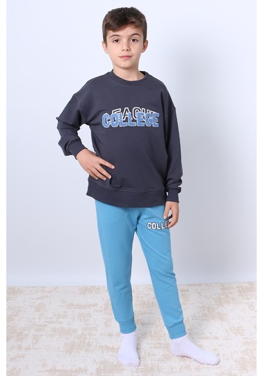Erkek Çocuk Eşofman Takımı College Kabartmalı 4 Mevsim Ribanalı F6 Mavi