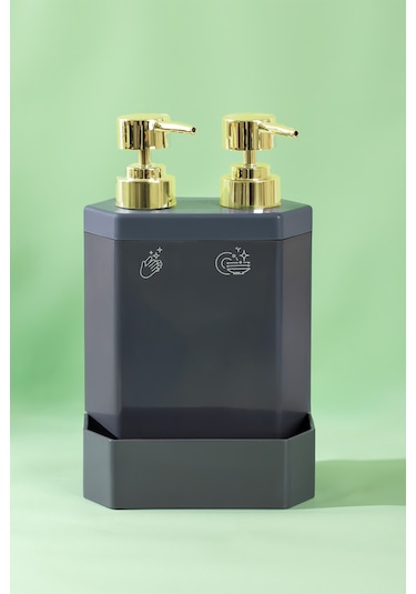 Perotti 13136-1 Marlon Lecce Gold Başlıklı 2li Süngerlik Hazneli Mutfak Sıvı Sabunluk Gri Gri