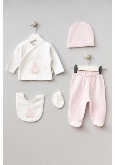 Bebitof %100 Pamuk Bulutlu Araba Desenli 5 Parça Yenidoğan Hastane Çıkışı Zıbın Seti Bbtf.pmb.20109 Pembe