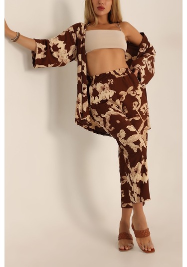 Trend Alisse Desenli Kimono Kadın Alt Üst Takım Kahverengi