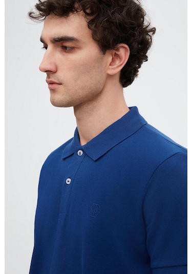 Ds Damat Regular Fit Saks Mavi Pike Dokulu %100 Pamuk Kıvrılmaz Polo Yaka Nakışlı T-shirt 4HC14ORT51000 Saks Mavi