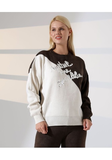 Renk Bloklu Triko Takım Kahverengi - Taş