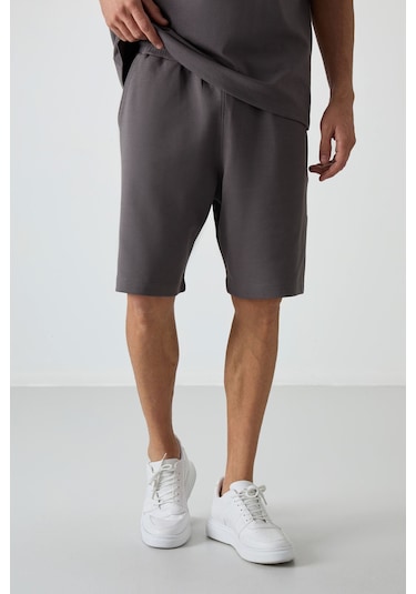 Tommy Life Koyu Gri Pamuklu Kalın Yumuşak Dokulu Oversize Fit Basic Erkek Şort Takım - 85249