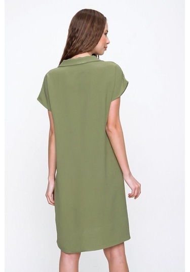 Kadın Bol Kesim Polo Yaka Kısa Kollu Günlük Kısa Midi Elbise Dizüstü 2883200 Haki