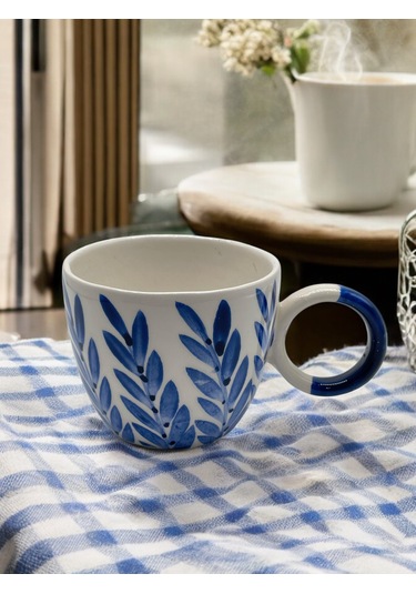 Seramik Kupa Bardak Mavi Yapraklı Tasarım