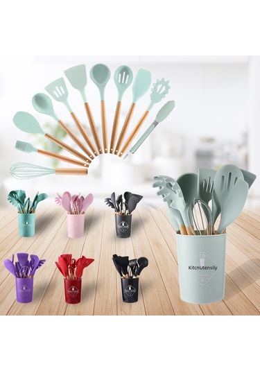 Symbee Ahşap Saplı 11 Parça Silikon Mutfak Gereçleri Seti - Anti Yapışkan, Isı Dayanıklı, Kolay Temizlenir, Gri Renkli Kova İle Tam Zamanlı Pişirme Araçları