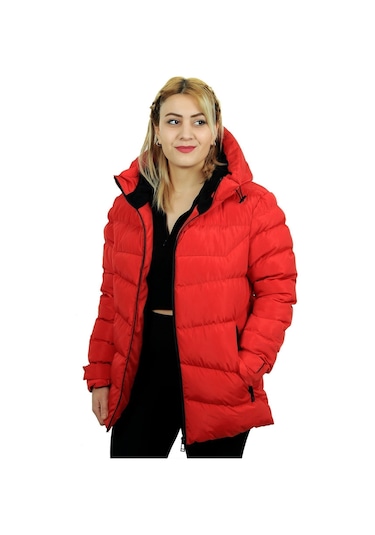 Freemen Kadın Kırmızı Kapüşonlu Polarlı Kürklü Su Geçirmez Rüzgara Dayanıklı Şişme Mont Kırmızı