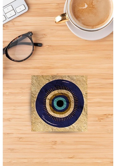 Doğaltaş Bardak Altlığı Uv Baskılı - Nazar Boncuğu Baskılı Doğal Taş Bardak Altı Çok Renkli